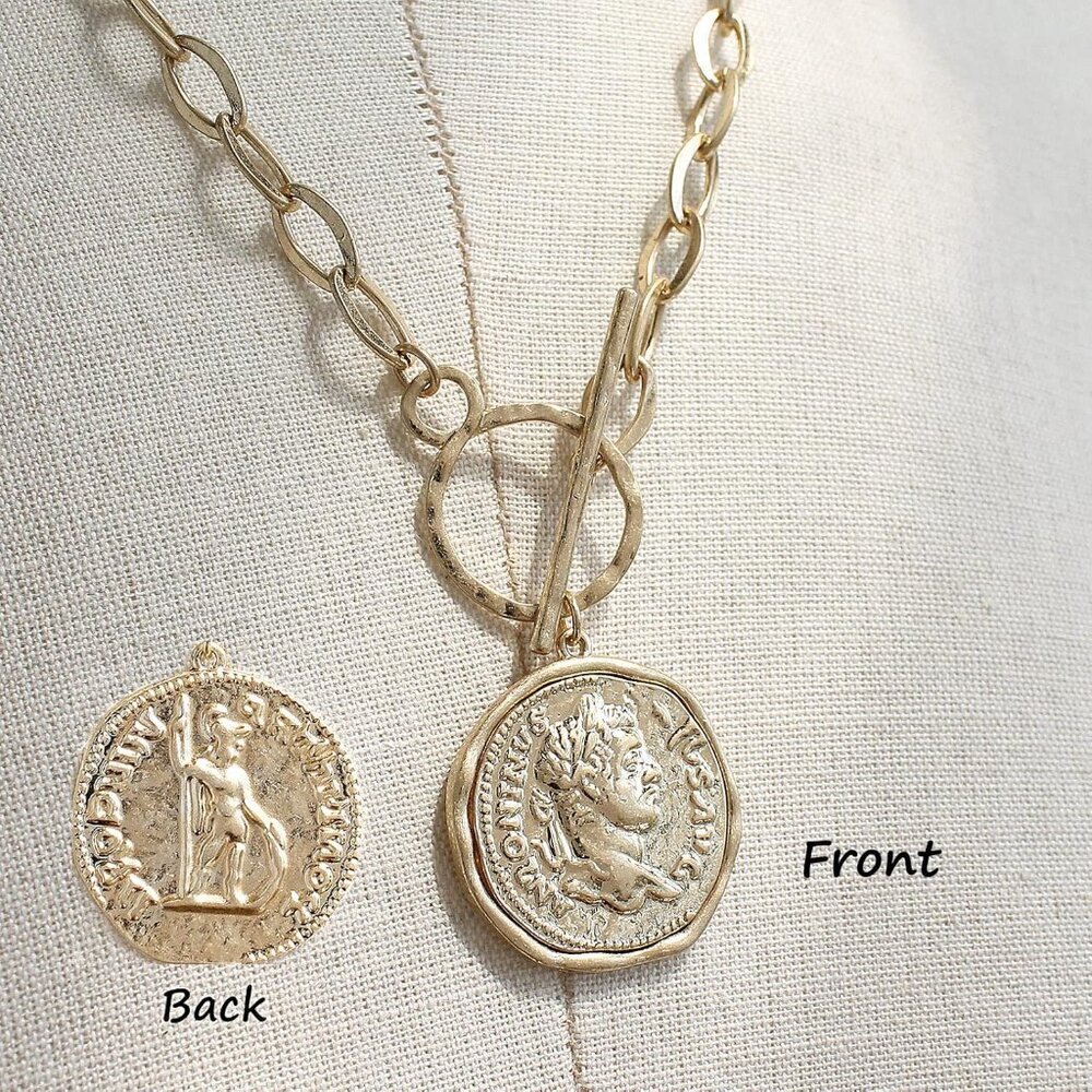 Chunky Coin Fashion Gold Necklace Trendy Statement Toggle Necklaces Women Antiqu - Picture 5 of 9